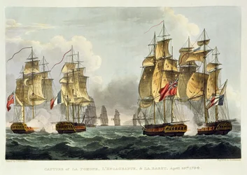 Fangst av La Pomone, L'Engageante og La Babet, 23. april 1794, gravert av Thomas Sutherland for J. Jenkins 'Naval Achievements', 1816 (fargegravering)